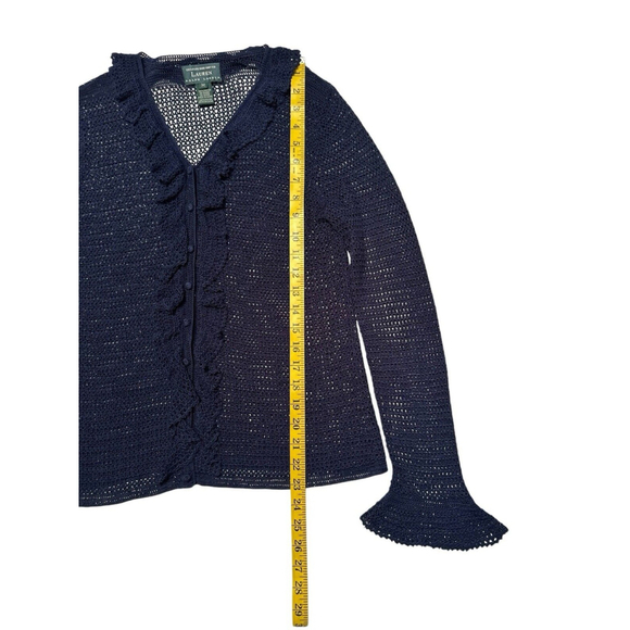 Lauren Ralph Lauren Hand Knit Cardigan Sweater Women M Blue Ruffle Long Sleeves - Picture 11 of 15